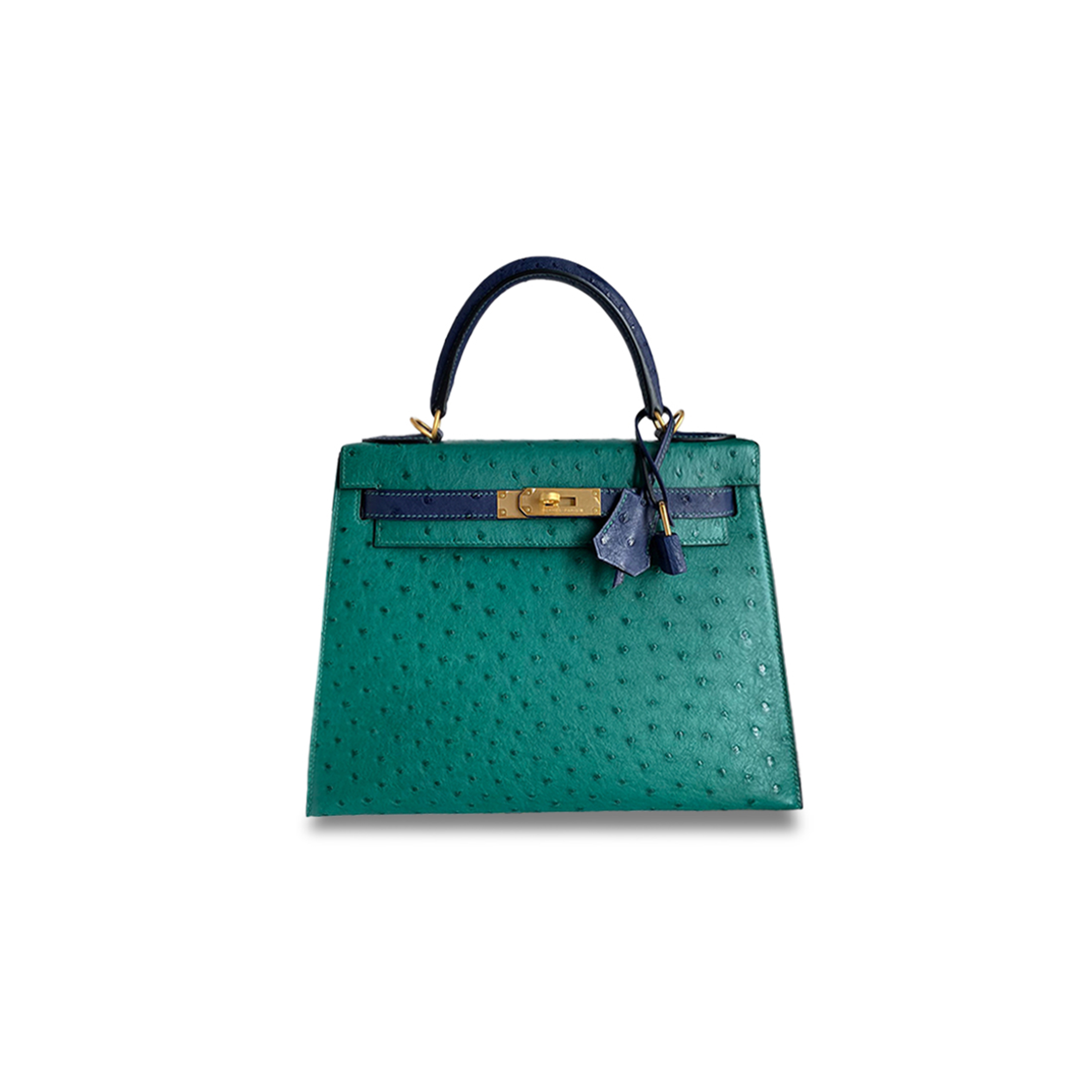 HERMÈS MASTER KELLY 28 OSTRICH LEATHER VELVET GREEN AND ROYAL BLUE BRUSHED GOLD BUCKLE (28*22*10cm) 